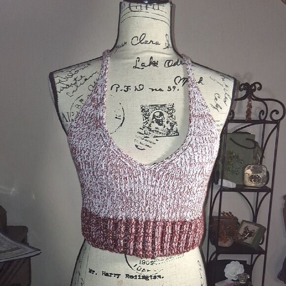 FREE PEOPLE Knit Halter Top - Burgundy and White Size Small Petite - Picture 7 of 14